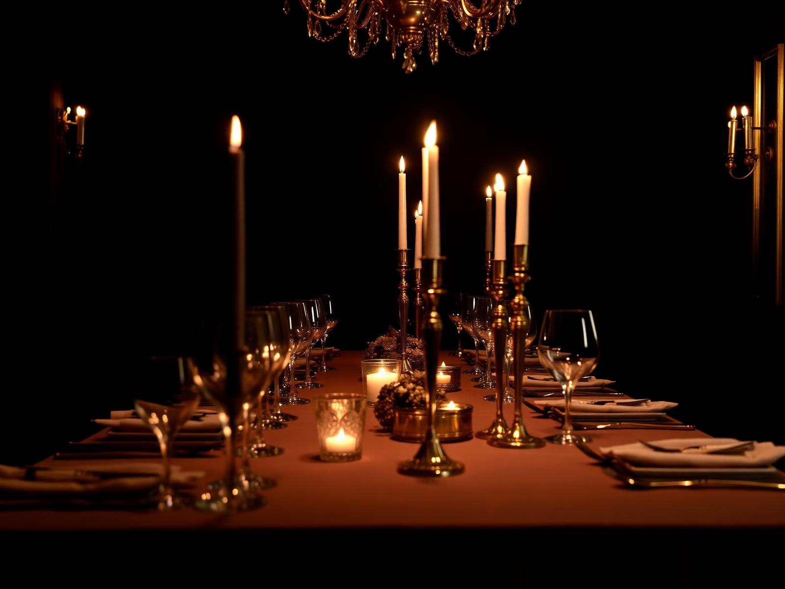 Candlelit supper club table set with gold candelabras